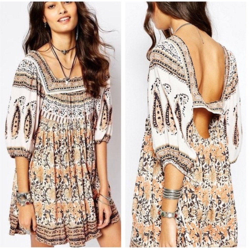Free People Midsummer Dream Mini Dress Womens XS Boho Festival Ivory Tunic Pocke